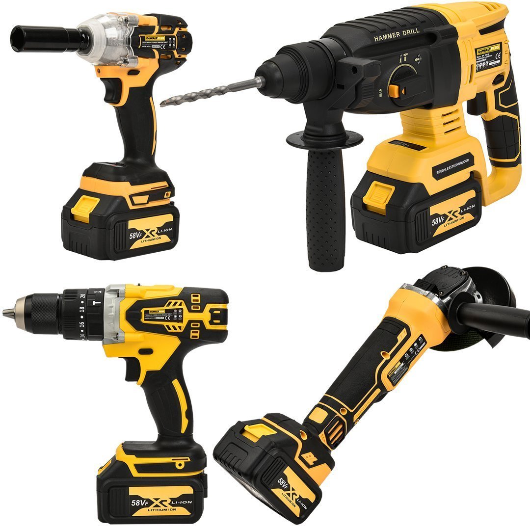 DewaltPlus DWP001 Akülü Ultra Kömürsüz 4lü Set Makina 58vf 5ah 125mm Avuç Taşlama, Sds Plus Kırıcı Delici Hilti, Somun Sıkma Sökme, Vidalama Matkap
