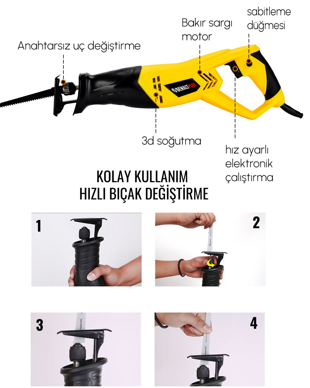 DewaltPlus DWP002 Elektrikli Tilki Kuyruğu Testere Kılıç Testere (Sarı) teknik özellikler