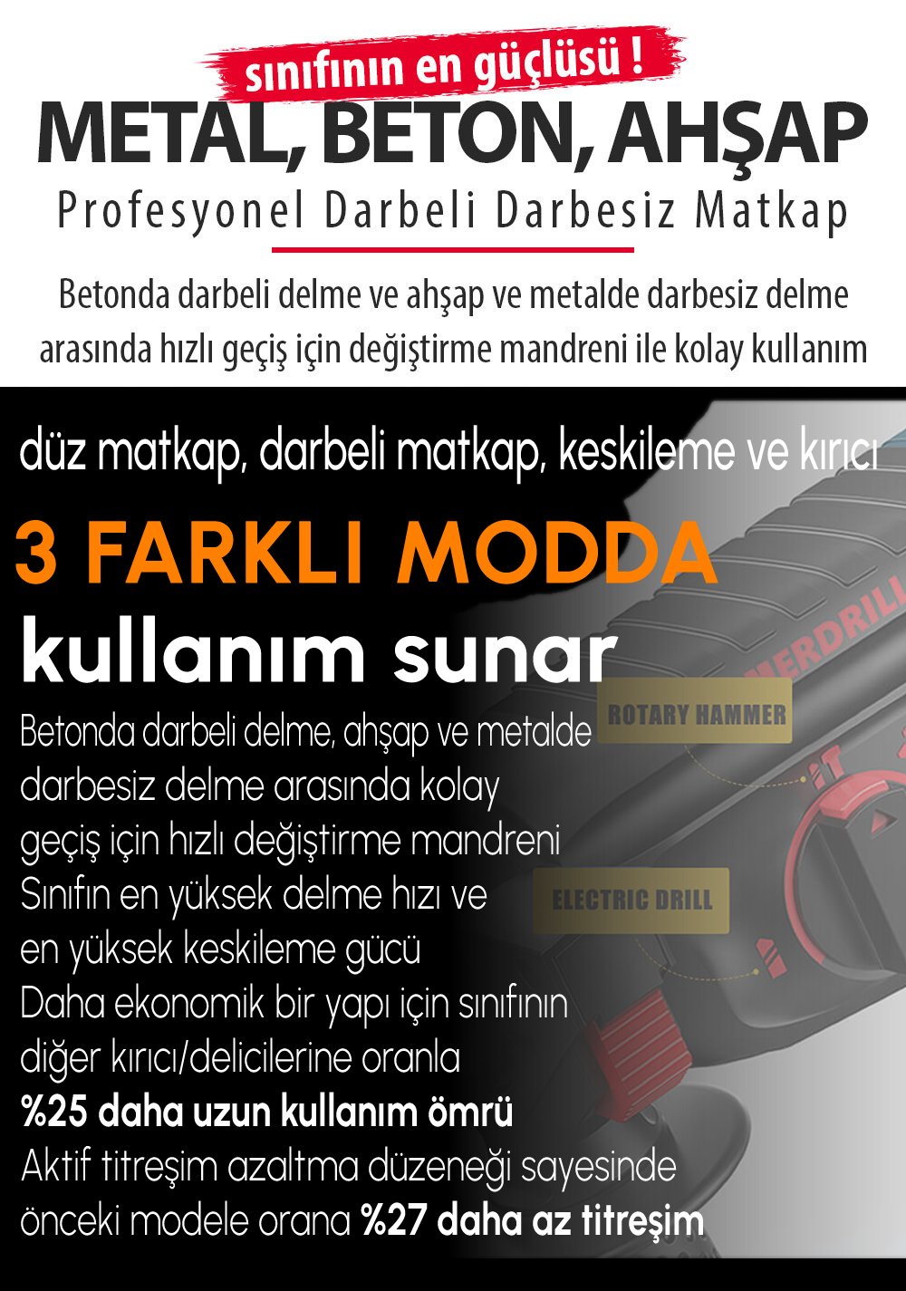 DewaltPlus DWP003 Profesyonel Akülü Kömürsüz Kırıcı Delici Hilti 88Vf (Sarı) fonksiyonlar