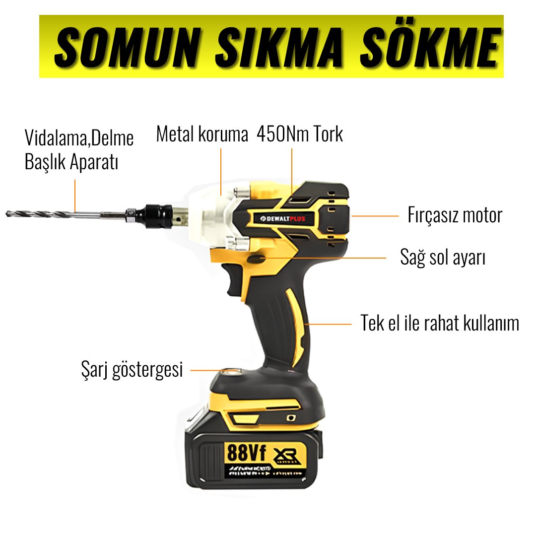 DewaltPlus DWP006 Akülü Süper 5li Set Makina 88vf 5ah 450 nw somun sıkma sökme özellikleri