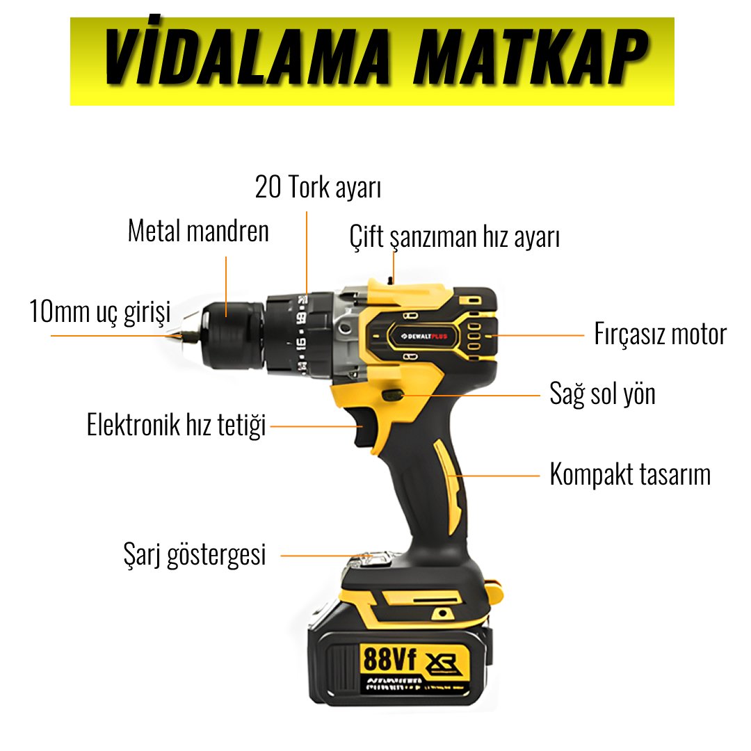 DewaltPlus DWP006 Akülü Süper 5li Set Makina 88vf 5ah vidalama matkap özellikleri