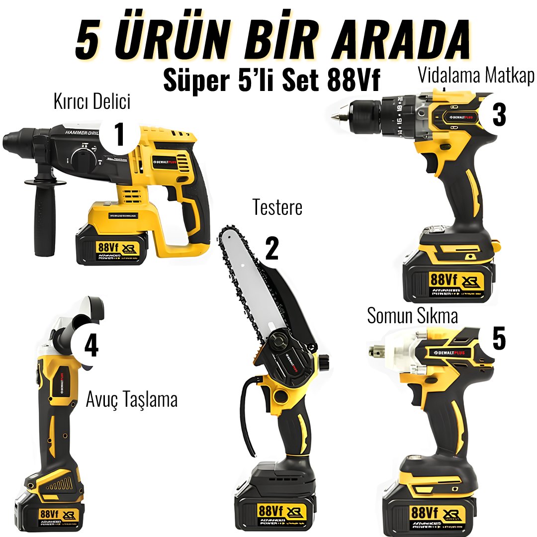 DewaltPlus DWP006 Akülü Süper 5li Set Makina 88vf 5ah 125mm Avuç Taşlama, Sds Plus Kırıcı Delici Hilti, Somun Sıkma Sökme, Vidalama Matkap, Budama Testere