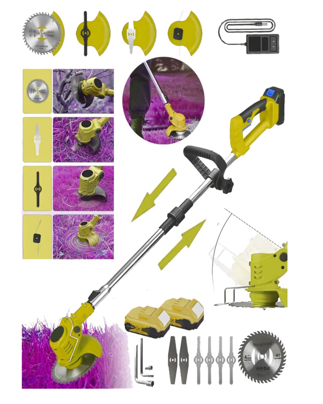 DewaltPlus DWP008 Çift Akülü 58Vf Şarjlı Ot, Dal, Çim Biçme Makinesi (Sarı) tırpan kullanımı