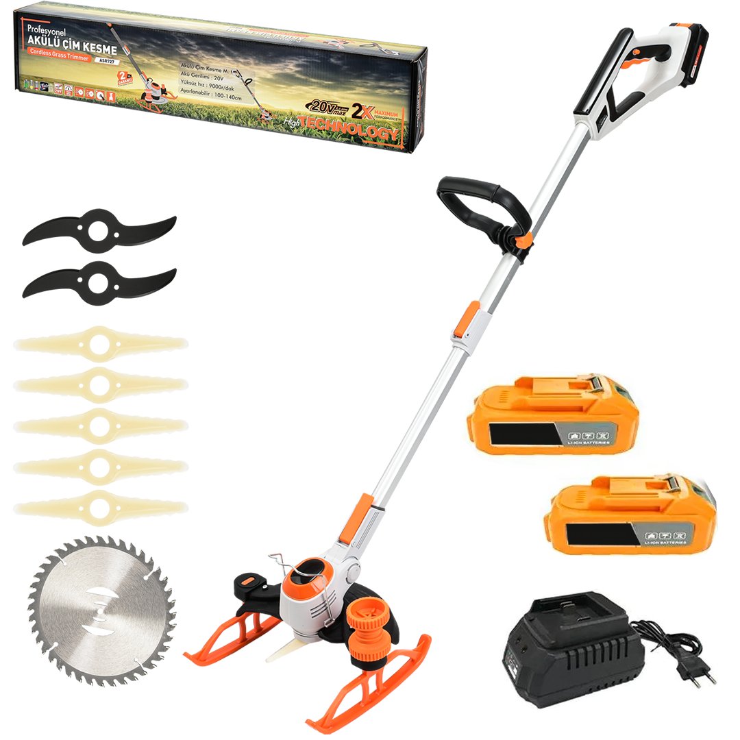 DewaltPlus DWP009 Profesyonel Çift Akülü Kızaklı Ot, Dal, Çim, Çalı, Biçme Tırpan Makinesi (Turuncu) 88Vf