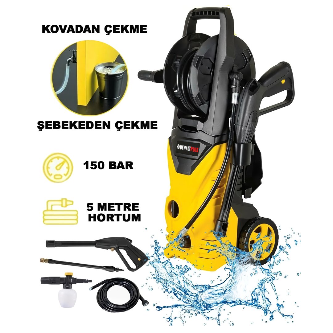 DewaltPlus DWP010 Elektrikli 150 Bar Musluk ve Kovadan Su Çekme Yüksek Basınçlı Bahçe, Oto Yıkama Makinesi (Sarı) özellikleri