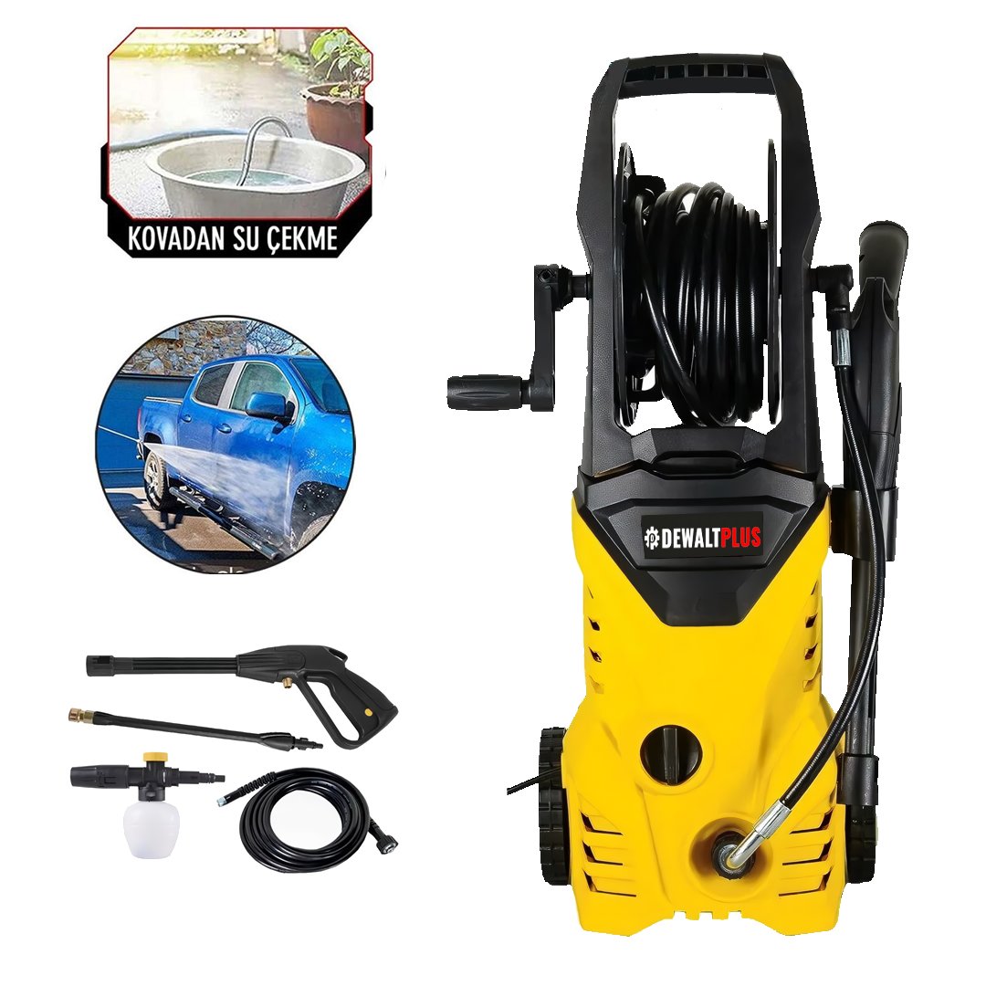 DewaltPlus DWP010 Elektrikli 150 Bar Musluk ve Kovadan Su Çekme Yüksek Basınçlı Bahçe, Oto Yıkama Makinesi (Sarı)